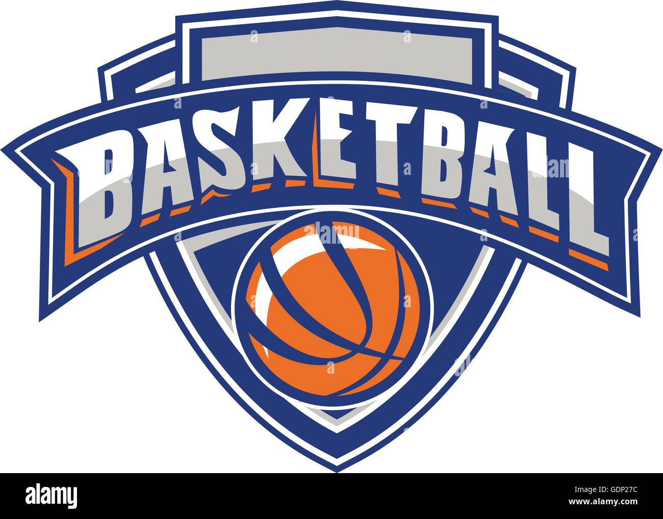 Abbildung einer Basketball-Kugel im Inneren Schild mit dem Wort Text BASKETBALL in einem Band-Banner im retro-Stil gemacht. Stock Vektor