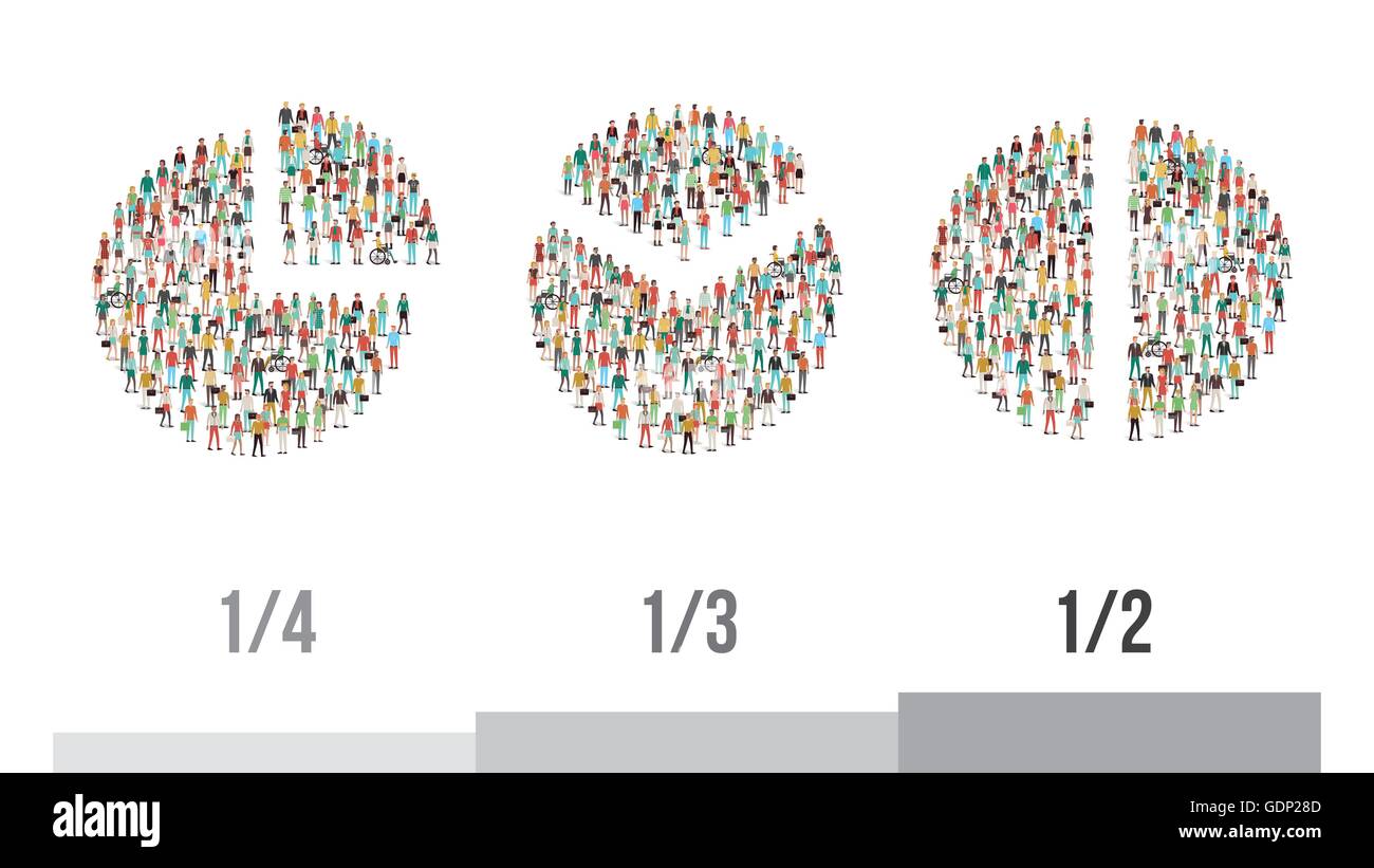 Kreisdiagramme, bestehend aus Menschen: ein Viertel, ein Drittel und eine Hälfte, Statistik und Demographie-Konzept Stock Vektor