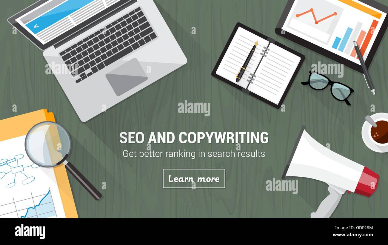 SEO und Copywriting Konzept Schreibtisch mit Computer, Tablet, Megaphon und Lupe Stock Vektor