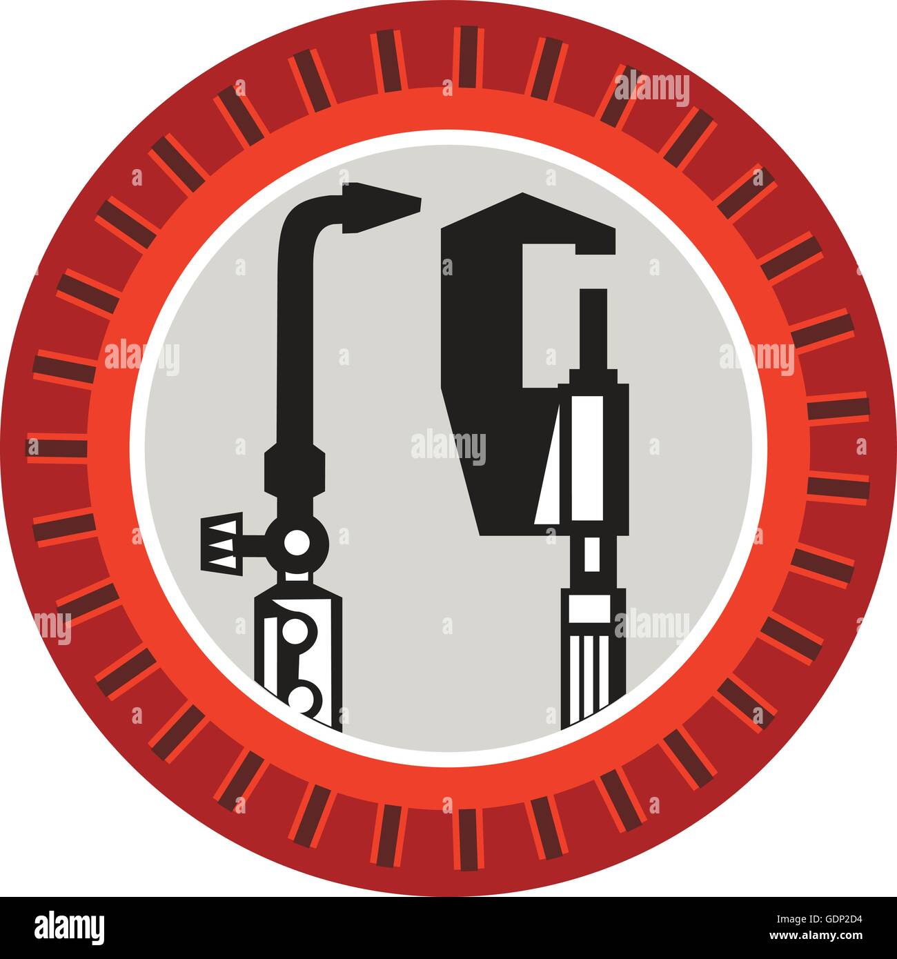 Illustration von einem Schweißbrenner und Bremssattel Werkzeug set im inneren Kreis mit Kerben im retro-Stil gemacht. Stock Vektor