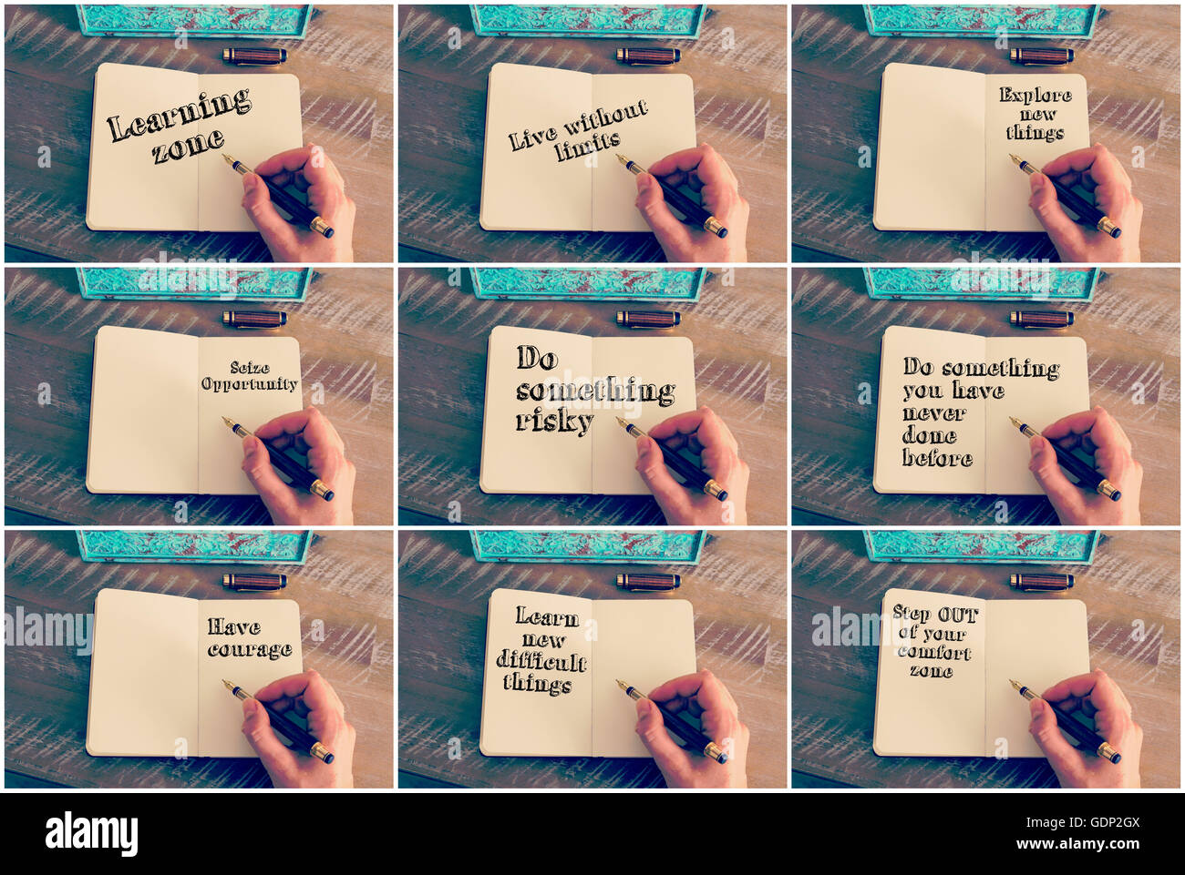Foto-Collage mit verschiedenen Motivanzeigen. Konzeptbilder für Selbstverbesserung. Stockfoto