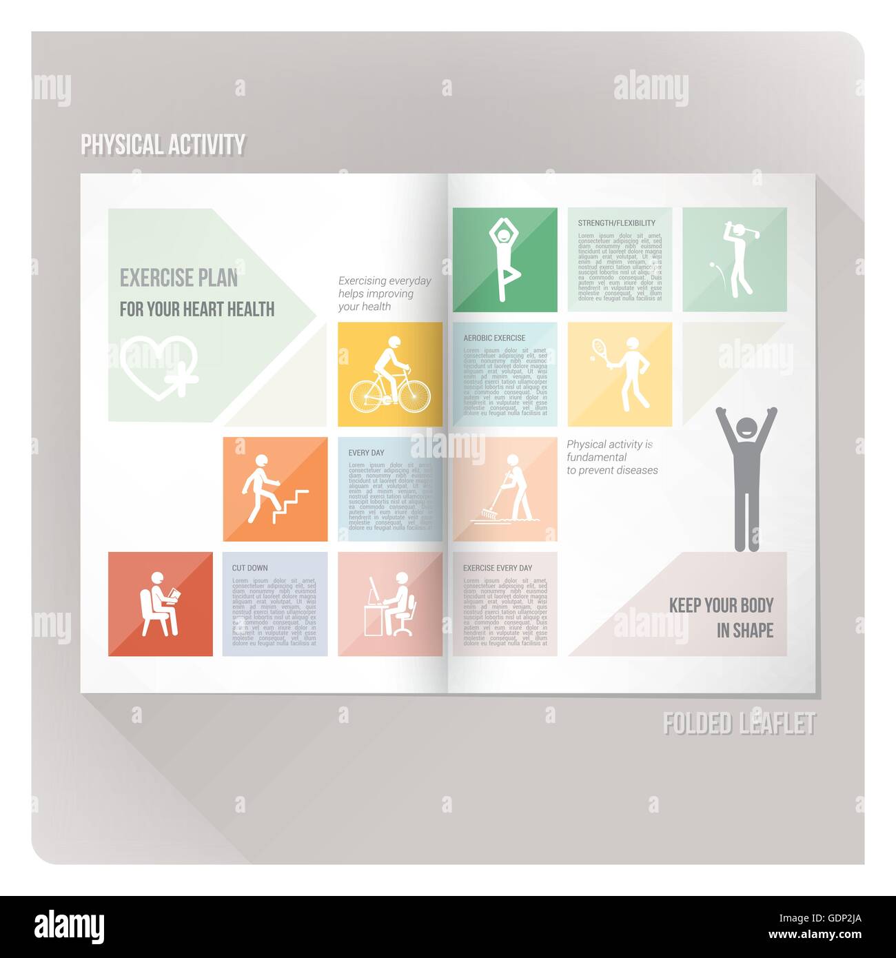 Körperliche Aktivität Broschüre mit Kopie Spae und Icons set Stock Vektor