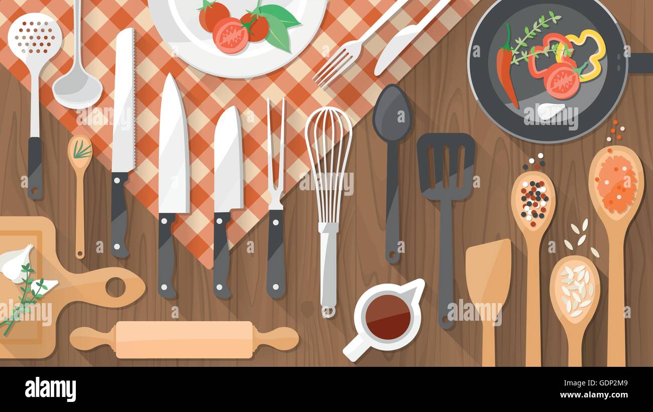 Geschirr Geschirr und Essen auf hölzerne Arbeitsplatte, Zubereitung von Speisen und Koch-Konzept Stock Vektor
