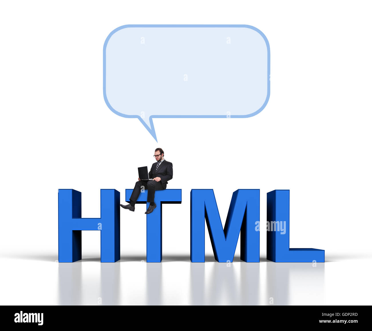 Geschäftsmann, sitzen auf HTML-Text und denken Stockfoto