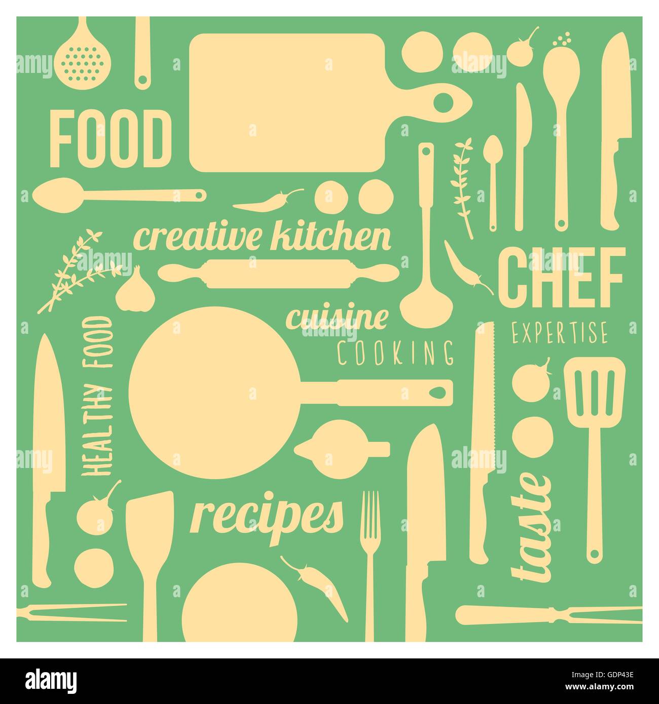 Oldtimer Essen und Kochen Hintergrund mit Küchenutensilien, Zutaten und Wörter in einen quadratischen Rahmen Stock Vektor