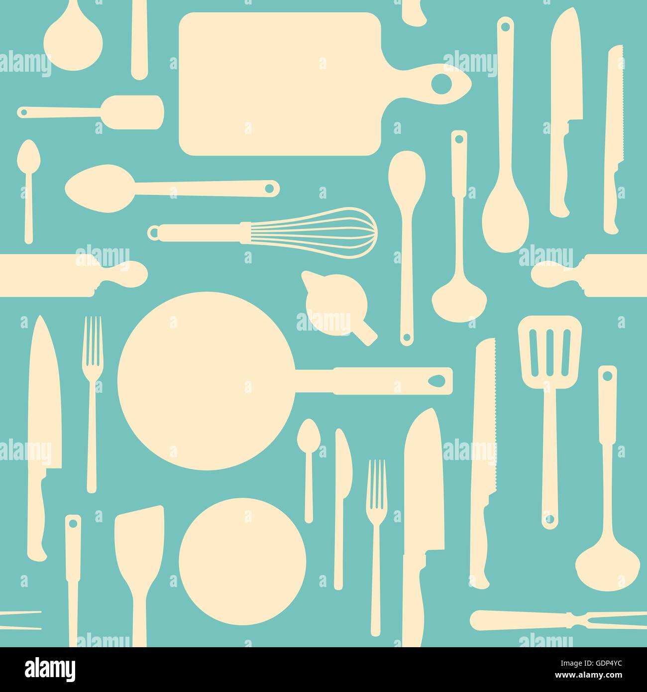 Vintage Küche und Kochen Werkzeuge Musterdesign mit Geschirr Ausstattung auf hellblauem Hintergrund Stock Vektor