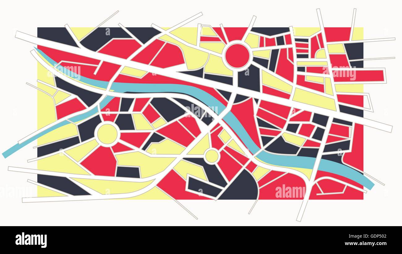 Abstrakte farbige Stadtplan mit Fluss, Strassen und Kreisverkehre, Vintage-Stil Stock Vektor