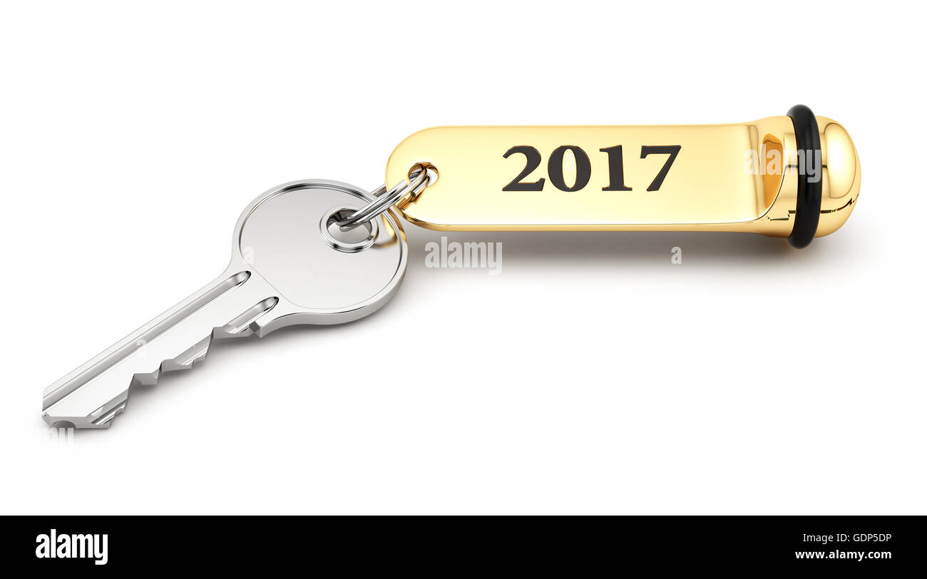 Zimmerschlüssel mit goldenen Schlüsselanhänger 2017 Neujahr Konzept isoliert auf weiss Stockfoto