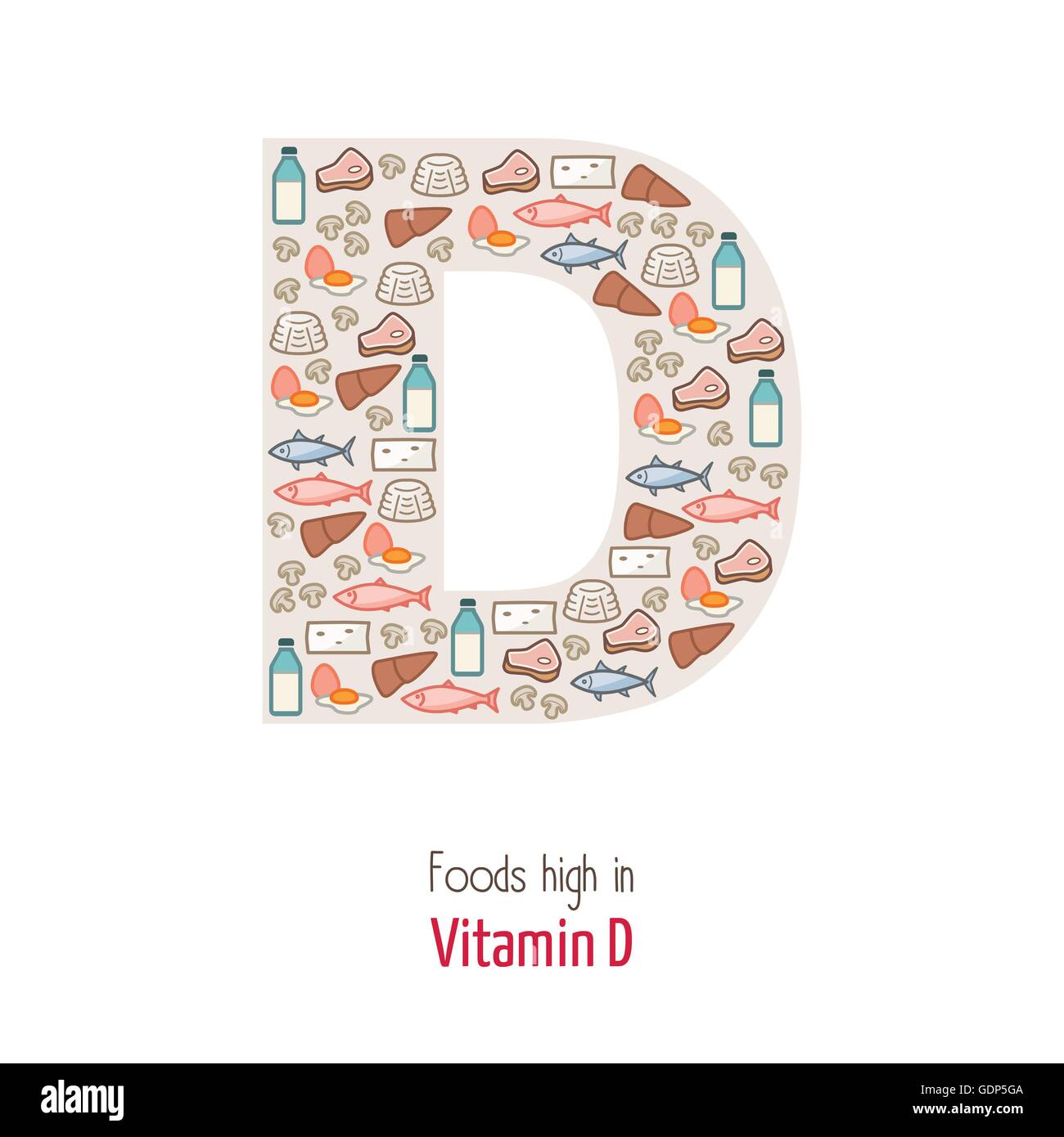Lebensmittel, die Vitamin D D Brief Form, Ernährung und gesunde Ernährung Konzept zu komponieren am höchsten Stock Vektor