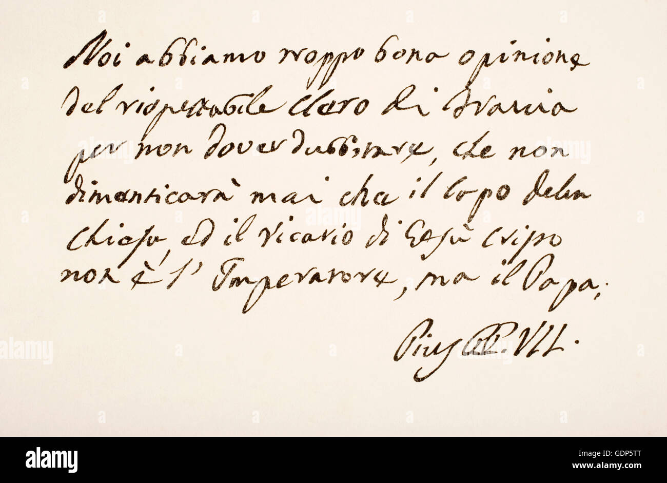 Papst Pius VII., 1742 – 1823 geboren Barnaba Niccolò Maria Luigi Chiaramonti.  Hand-Schriftprobe und Unterschrift. Stockfoto