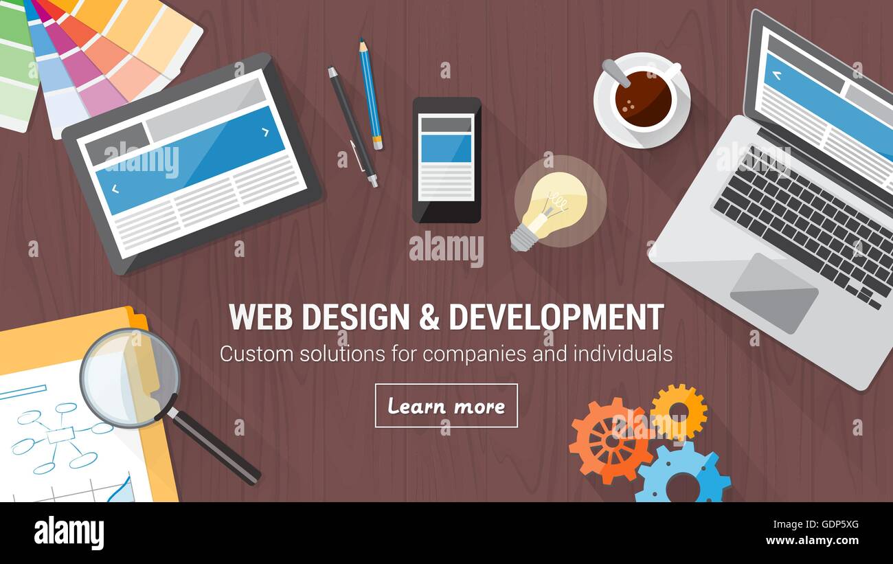 Web-Entwickler-Schreibtisch mit Computer, Tablets und mobile, responsive Webdesign und digitale marketing-Konzept Stock Vektor