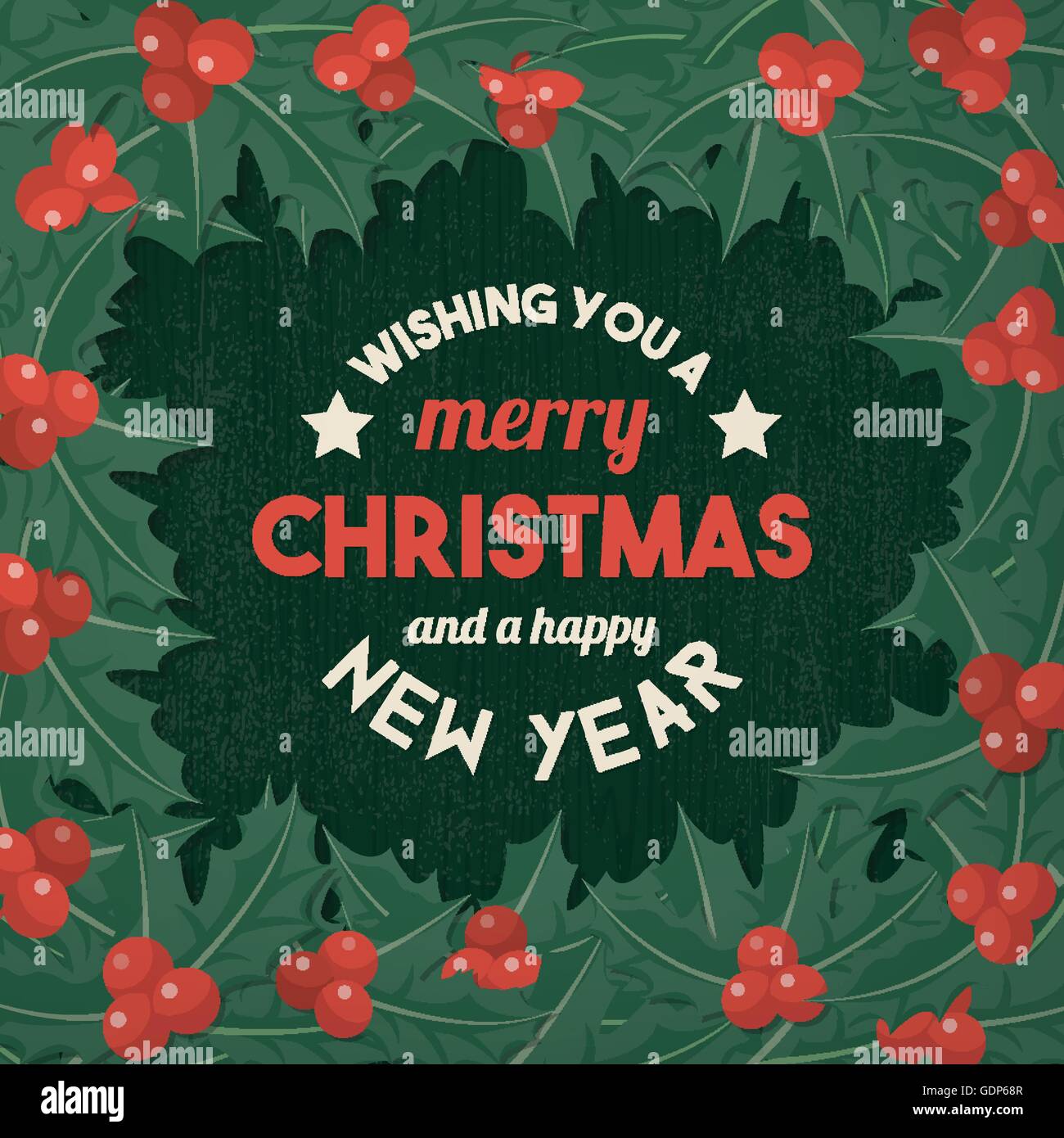 Vintage Weihnachten wünscht mit Holly Kranz auf einem rustikalen Holztisch Stock Vektor