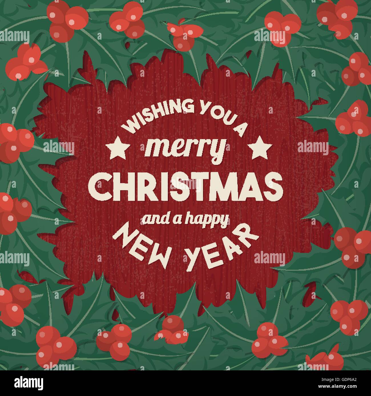 Vintage Weihnachten wünscht mit Holly Kranz auf einem rustikalen Holztisch Stock Vektor