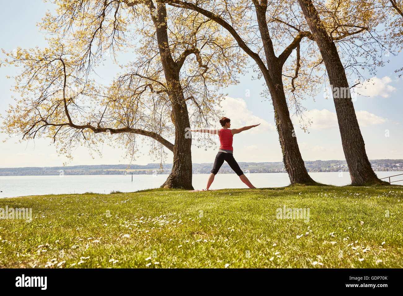 Rückansicht der Frau praktizieren Yoga See Stockfoto