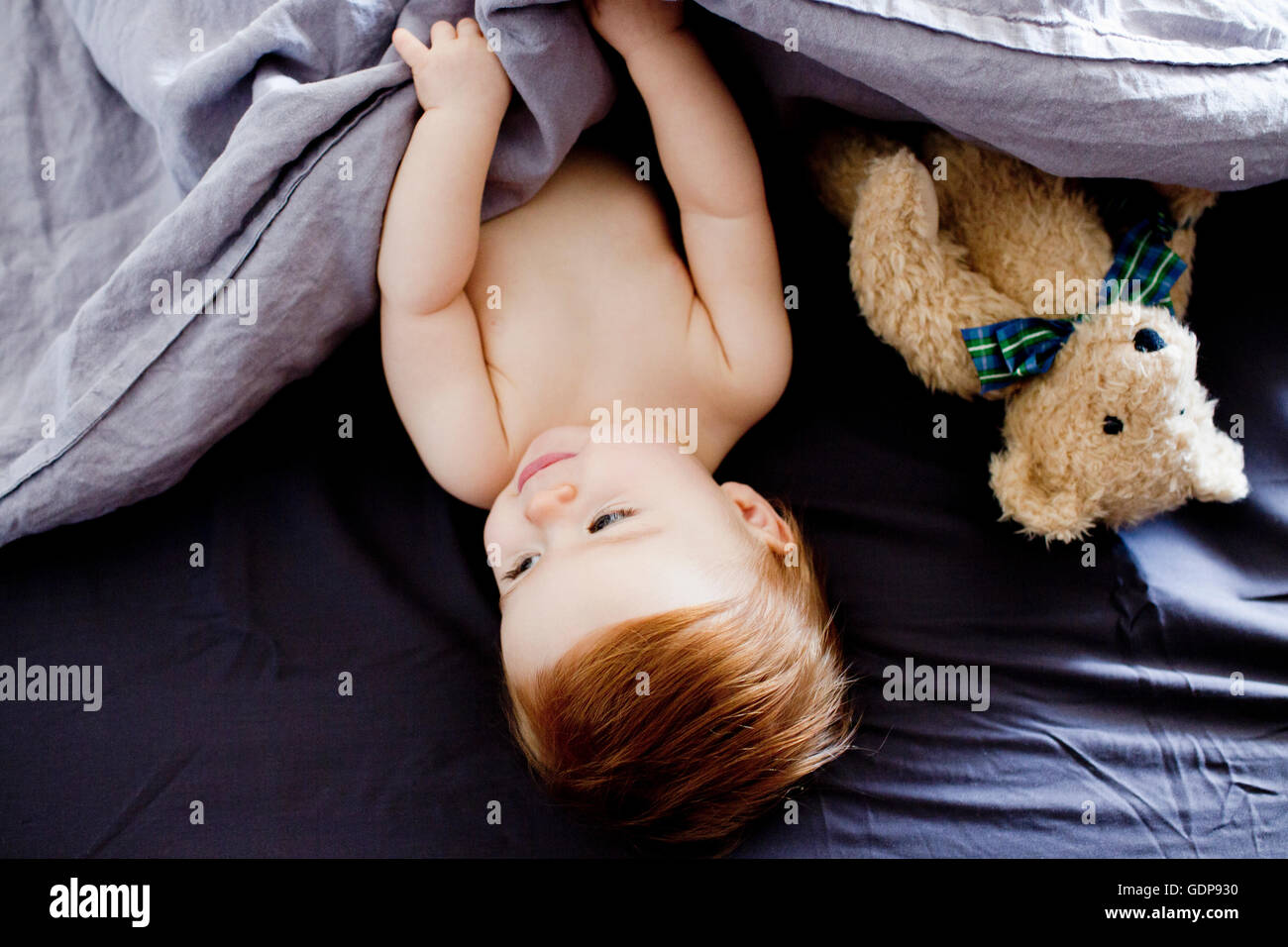 Draufsicht auf Babymädchen und Teddybär im Bett liegend Stockfoto