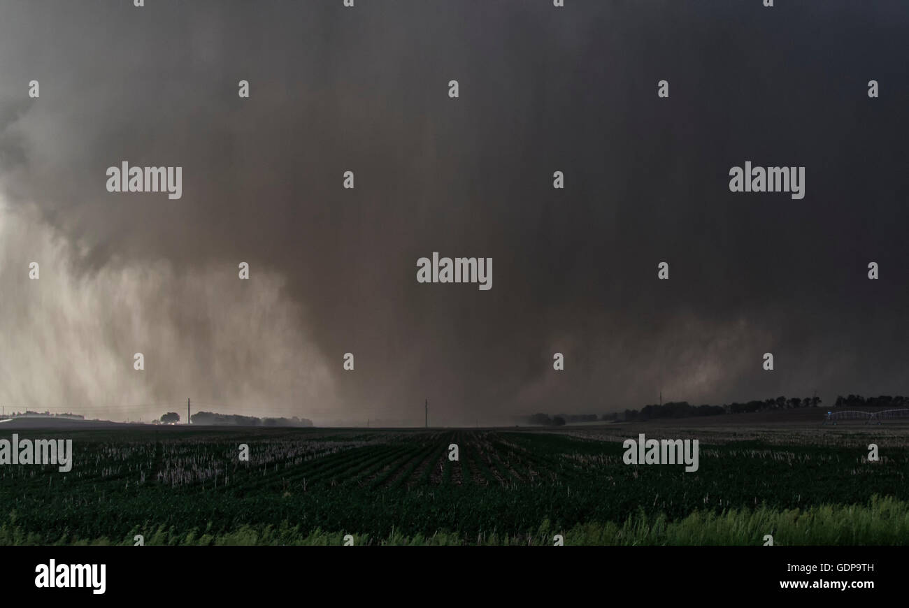 Ein gewalttätige, Regen-wickelte Keil Tornado reißt sich Ackerland im ländlichen Kansas Stockfoto