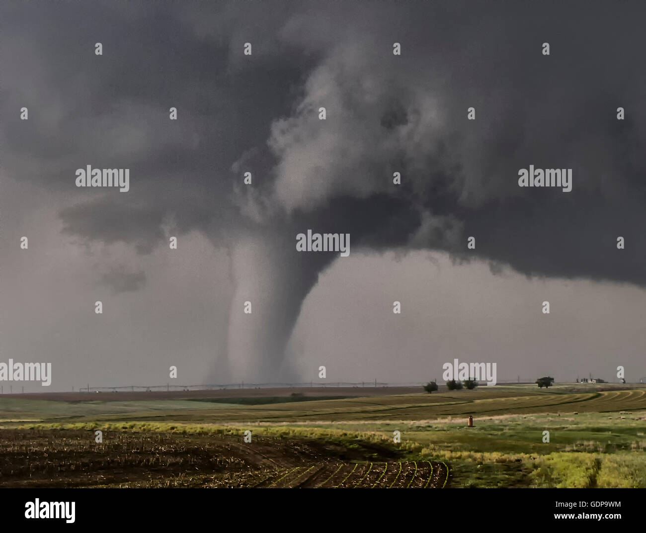 Ein großer Kegel Tornado aufsetzt über der offenen Prärie Stockfoto