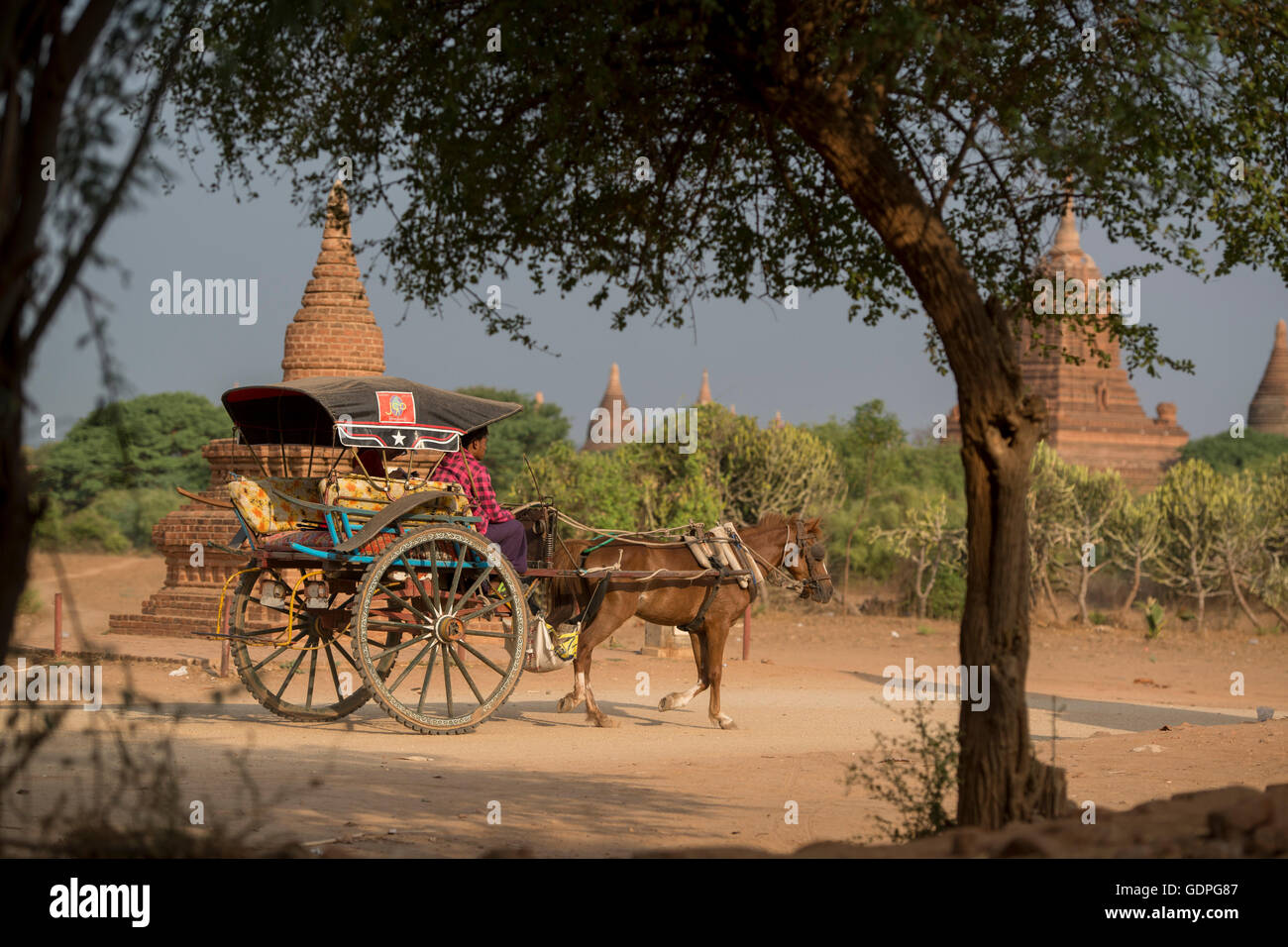 Touristen in ein Ochsenkarren Taxi im vorderen Tempel und Pagode in Bagan in Myanmar in Südostasien. Stockfoto