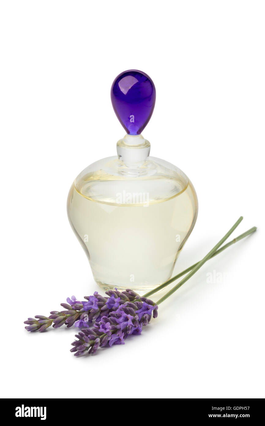 Flasche Lavendel Öl und frischen Blumen Stockfoto