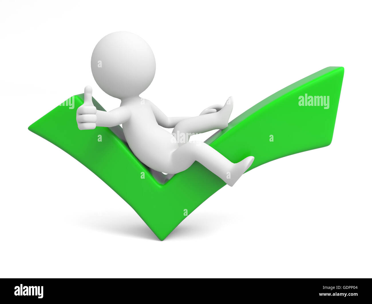 Ein weißer 3D-Charakter, ein grünes Symbol rechts Stockfoto