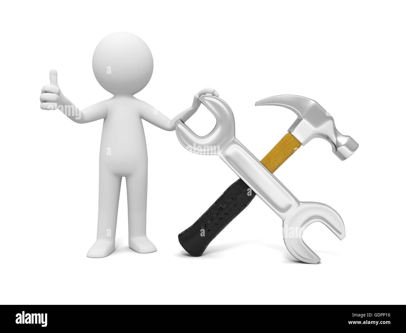 Ein 3d Industriearbeiters auftauchend Daumen mit dem Schraubenschlüssel und hammer Stockfoto