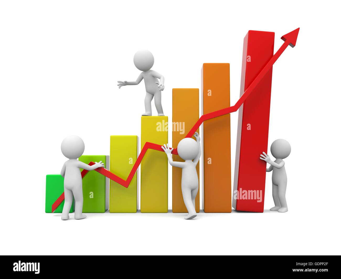 3D Menschen mit Balkendiagramm und roter Pfeil Stockfoto