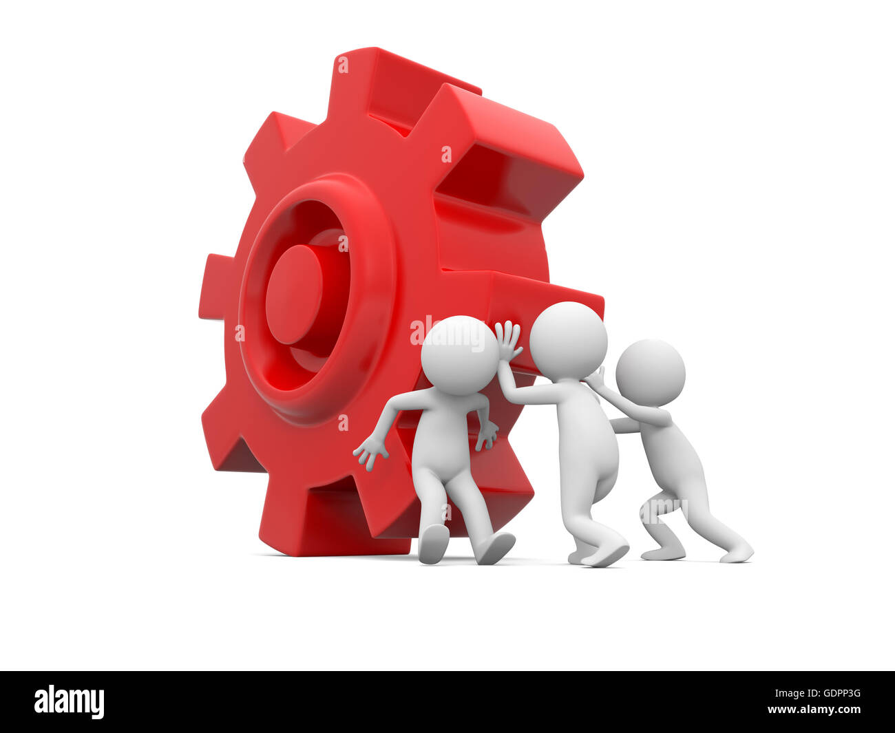 Drei 3d Mann, Menschen, Person drängen rote Zahnrad Stockfoto