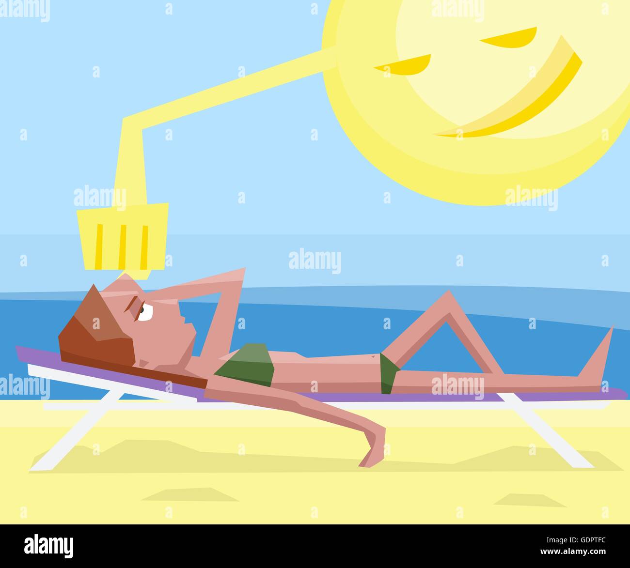 Frau bekommen Sonnenstich am Strand lustige bunte VektorCartoon