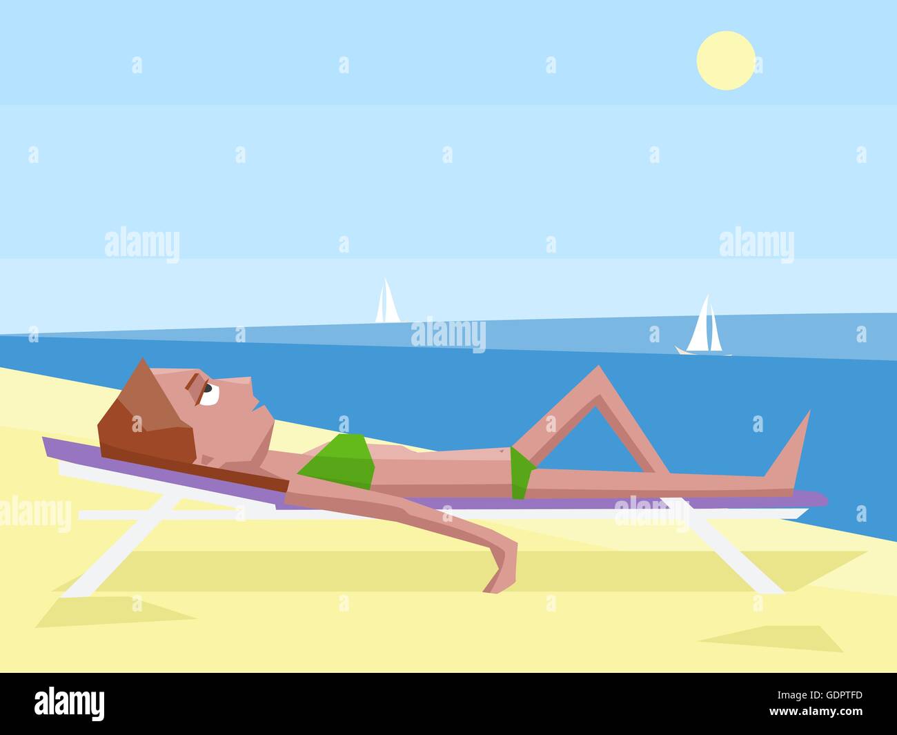 Frau bräunen am Strand - lustige bunte Vektor-Cartoon-illustration Stock Vektor