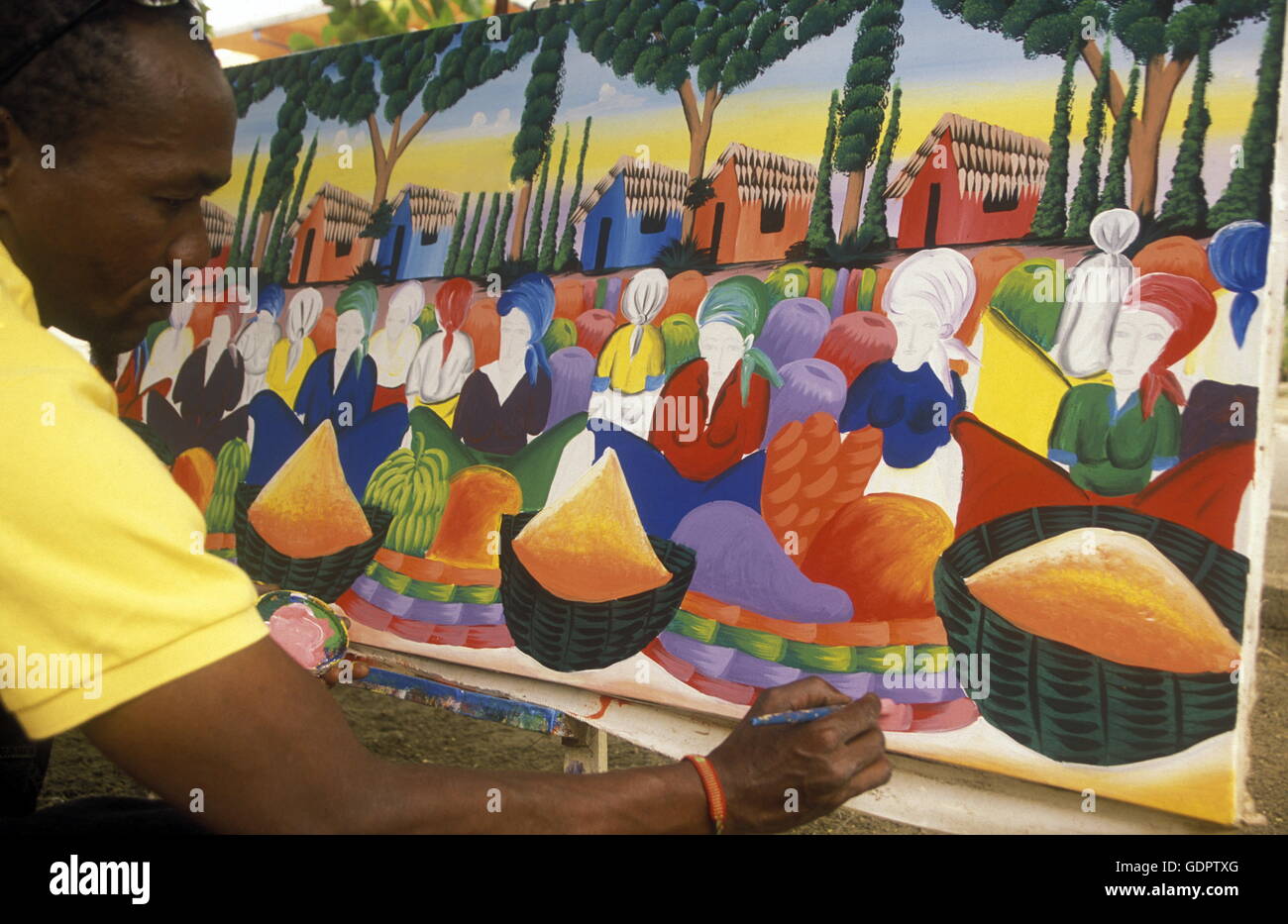 ein Maler im Dorf von Las Terrenas auf Samanaon in der Dominikanischen Republik in der Karibik, in Lateinamerika. Stockfoto