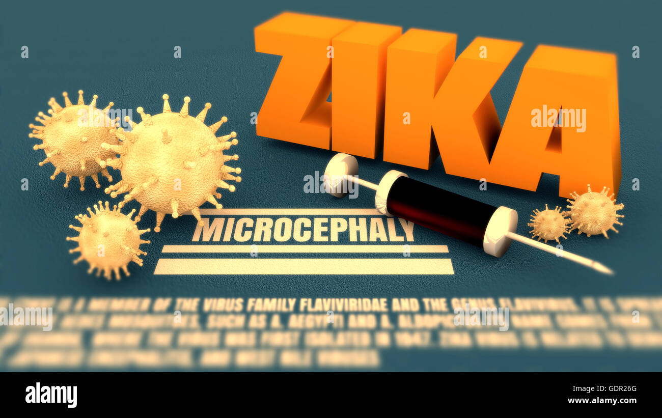 Zika Krankheit, abstrakte Virus Modelle und Spritze Stockfoto