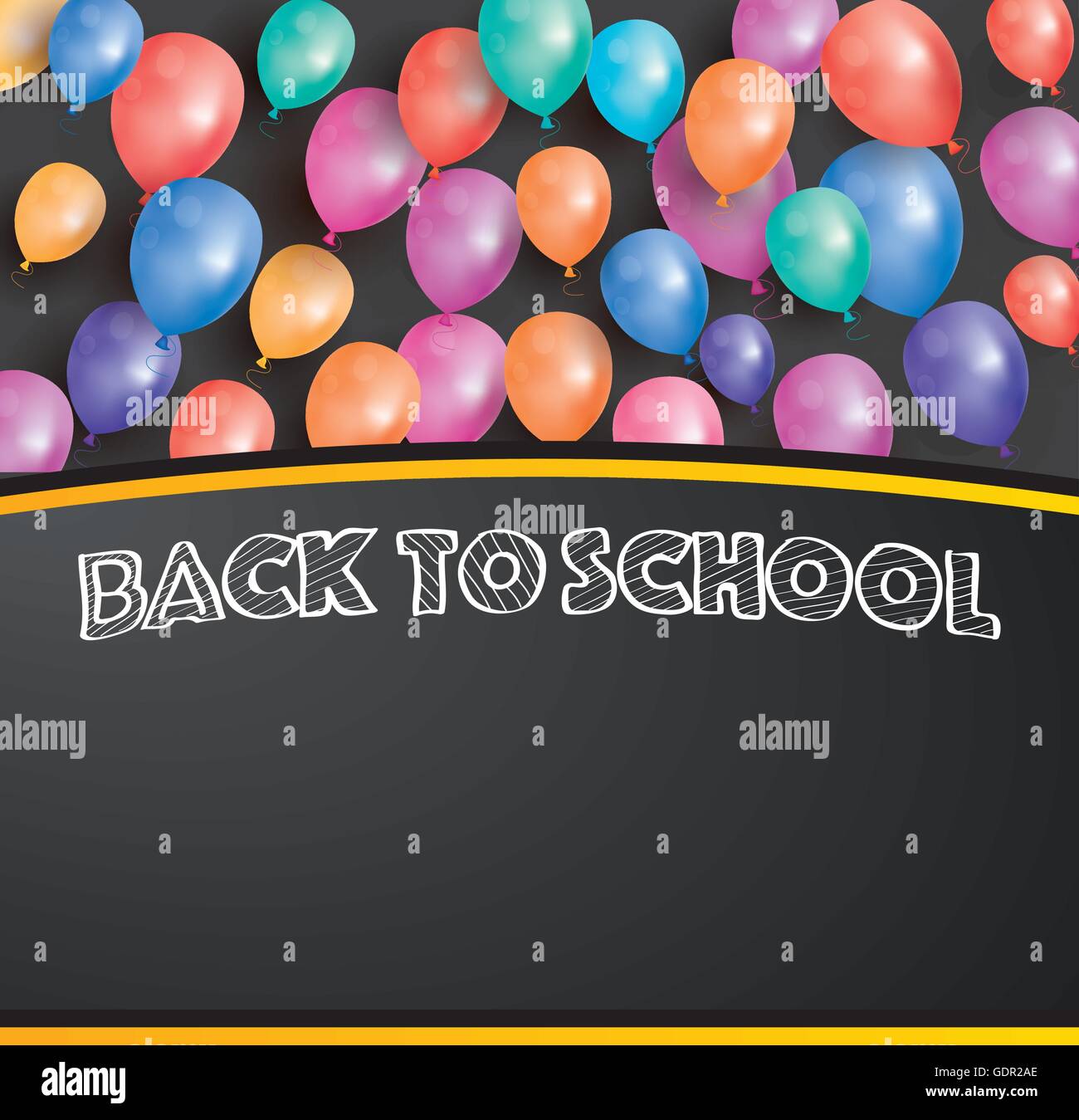 Zurück zu Schule-Karte mit fliegenden Ballons und Raum zu kopieren. Vektor-Illustration. Poster mit schwarzer Kreide an Bord. Stock Vektor