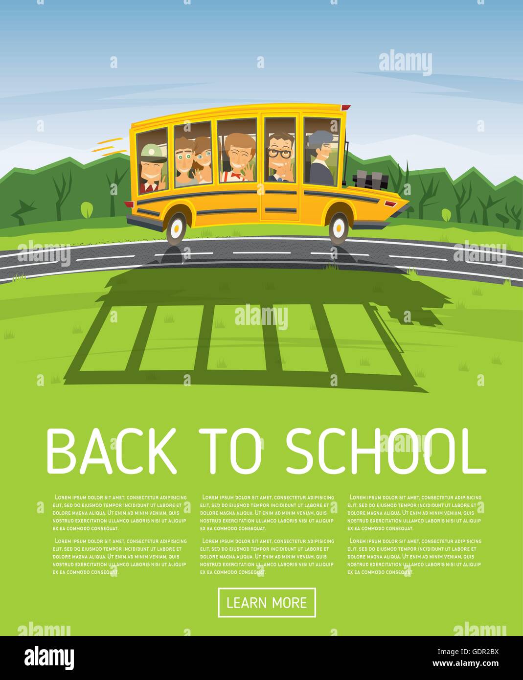 Zurück zur Schule. Vektor-Illustration. Gelb Racing School Bus im Cartoon-Stil mit Schülern und Textfreiraum. Stock Vektor