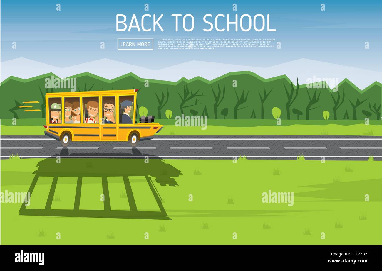 Zurück zur Schule. Vektor-Illustration. Gelb Racing School Bus im Cartoon-Stil mit Schülern und Textfreiraum. Stock Vektor