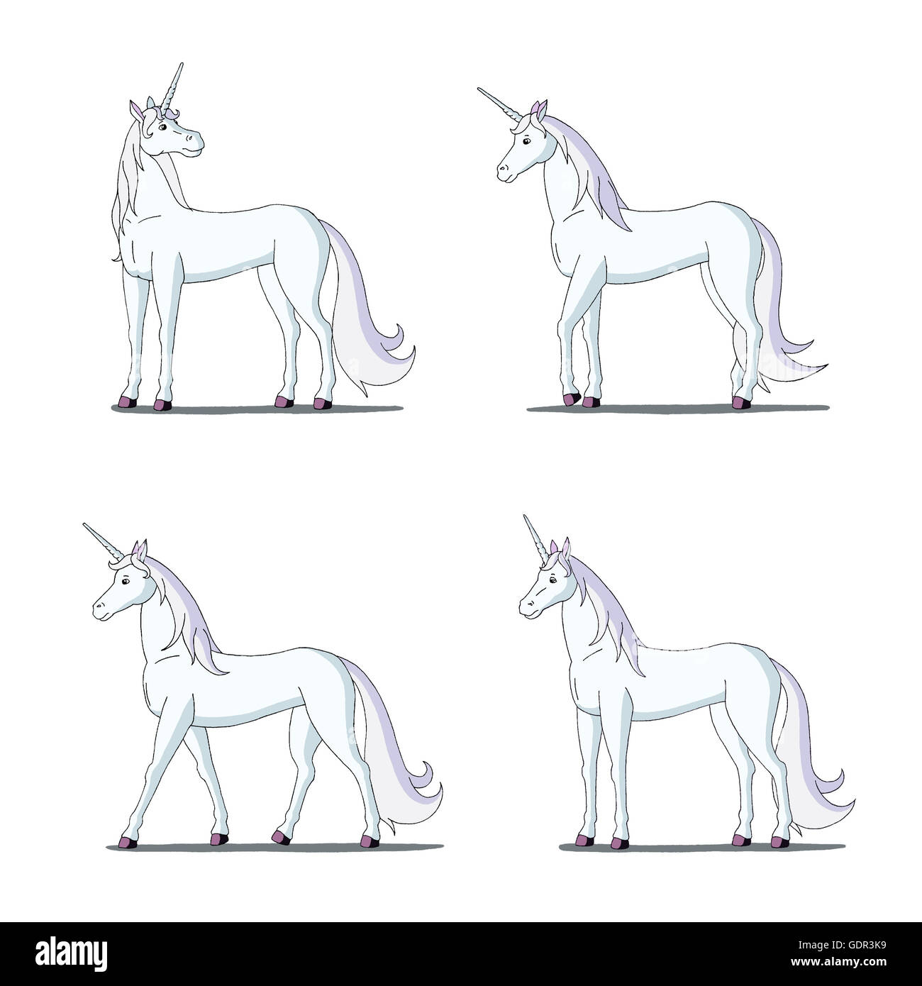 Satz von weißen Einhorn Bilder. Digitale Malerei Farbdruck Cartoon Stil Illustration isoliert auf weißem Hintergrund. Stockfoto