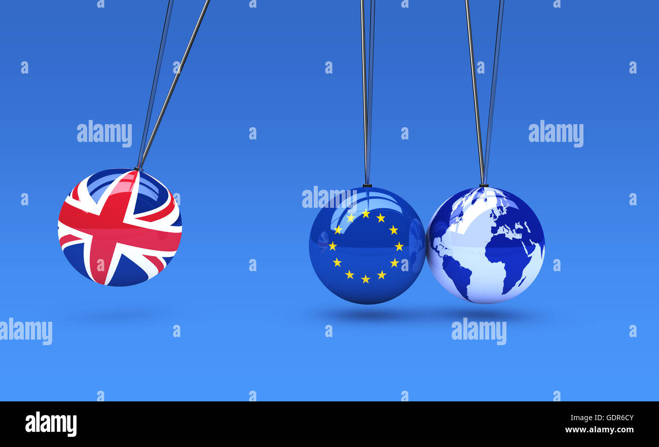 Brexit globale Konsequenzen Geschäftskonzept mit Union Jack, EU-Flagge auf Kugeln und Welt Karte Globus 3D Illustration. Stockfoto
