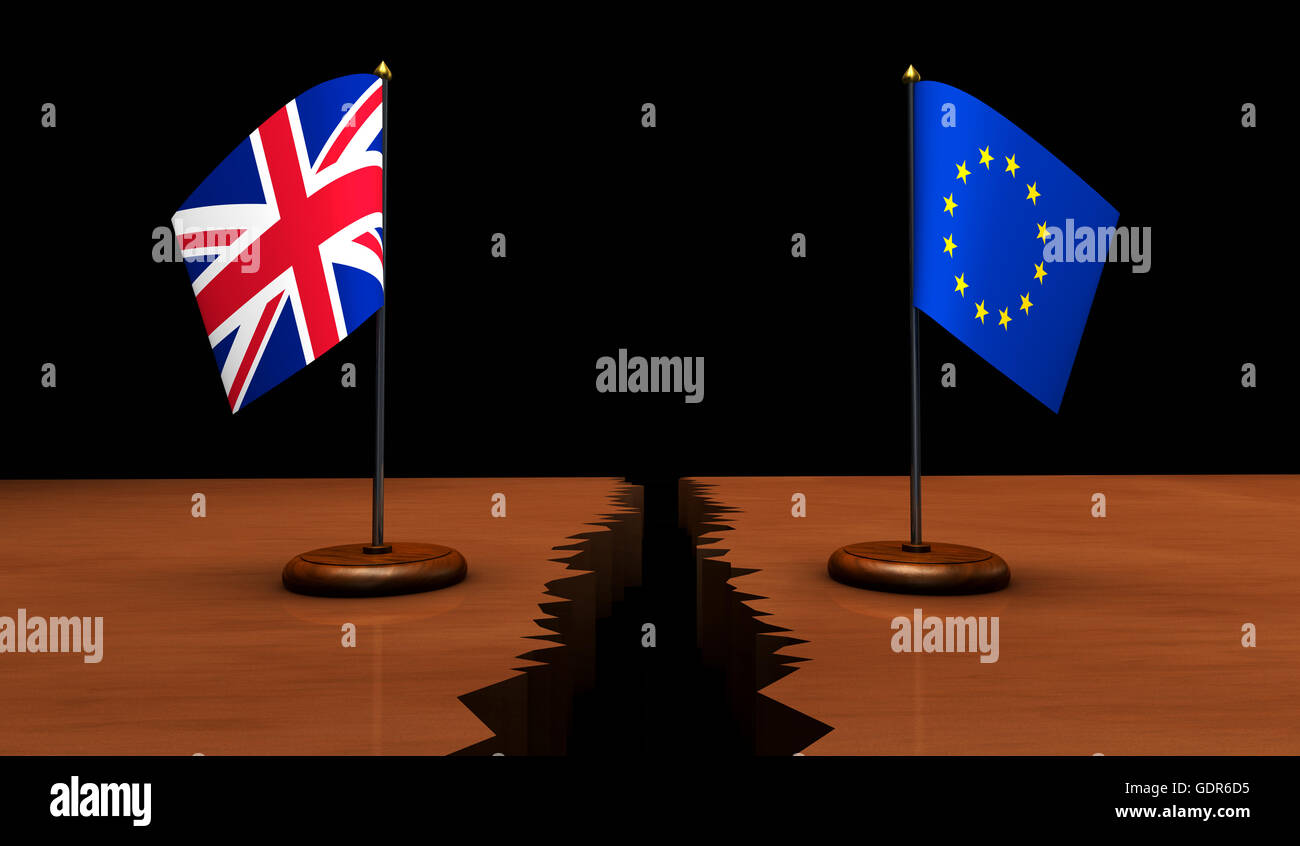 Brexit Konzept mit Union Jack-EU Flagge getrennt auf einem gebrochenen Schreibtisch 3D Illustration. Stockfoto