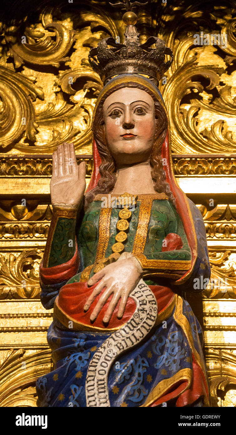 Statue der schwangeren Maria, Darstellung der schwangeren Jungfrau Maria, Sé Catedral de Évora Sé Catedral Basilica de Nossa, Evora, Stockfoto