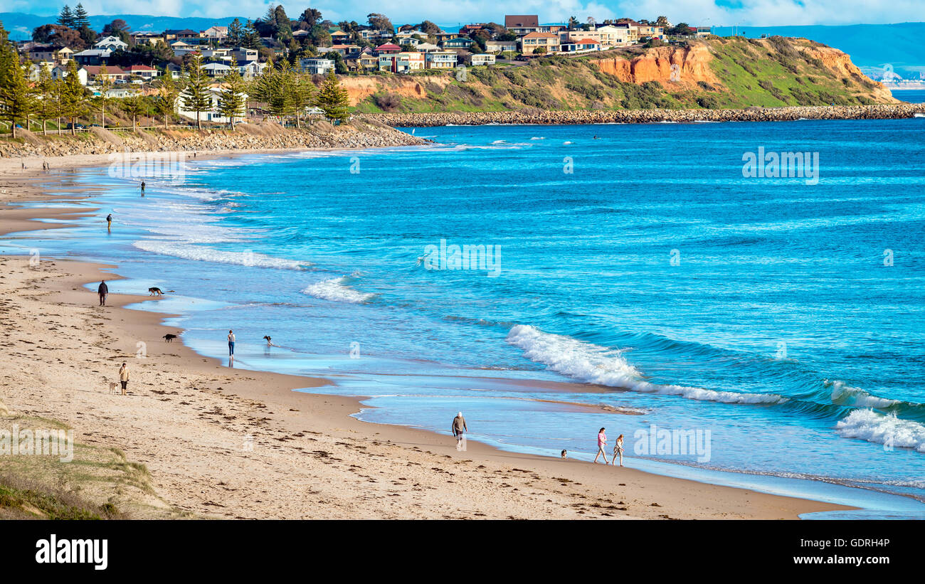 Adelaide, Australien - 15. August 2015: Menschen, die Hunde am Strand bei Sonnenuntergang, South australische Küste entlang spazieren Stockfoto