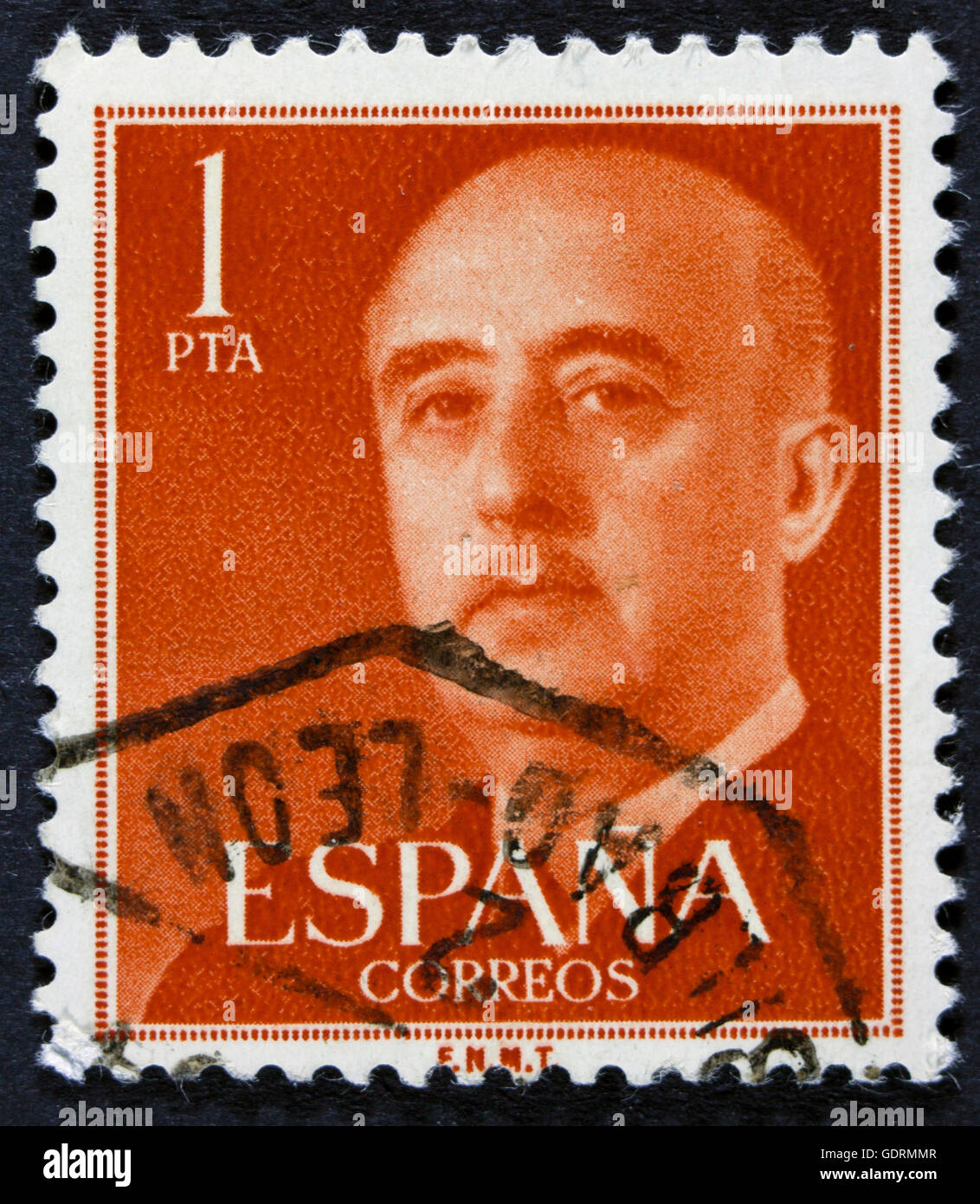 Spanien - ca. 1949: Stempel in Spanien zeigt ein Portrait von General Francisco Franco 1892-1975 gedruckt, Serie "Francisco Franco", Stockfoto