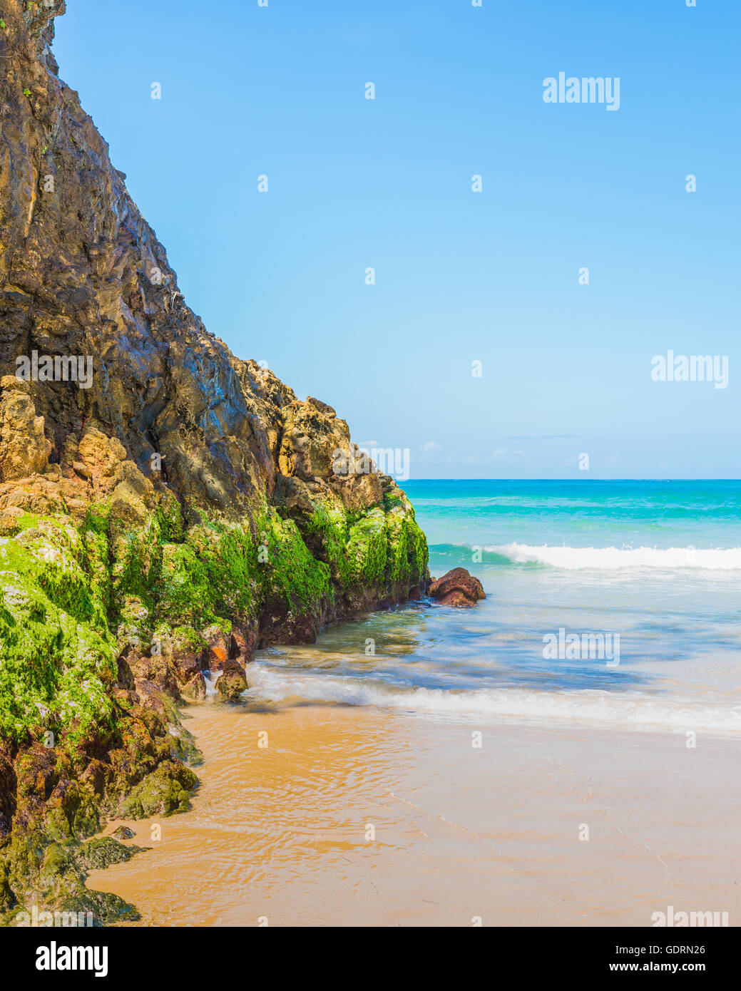 Ruhigen Ort im schönen klaren blauen Wasser schwimmen in der Nähe Moos bedeckt Klippen auf North Stradbroke Island Stockfoto