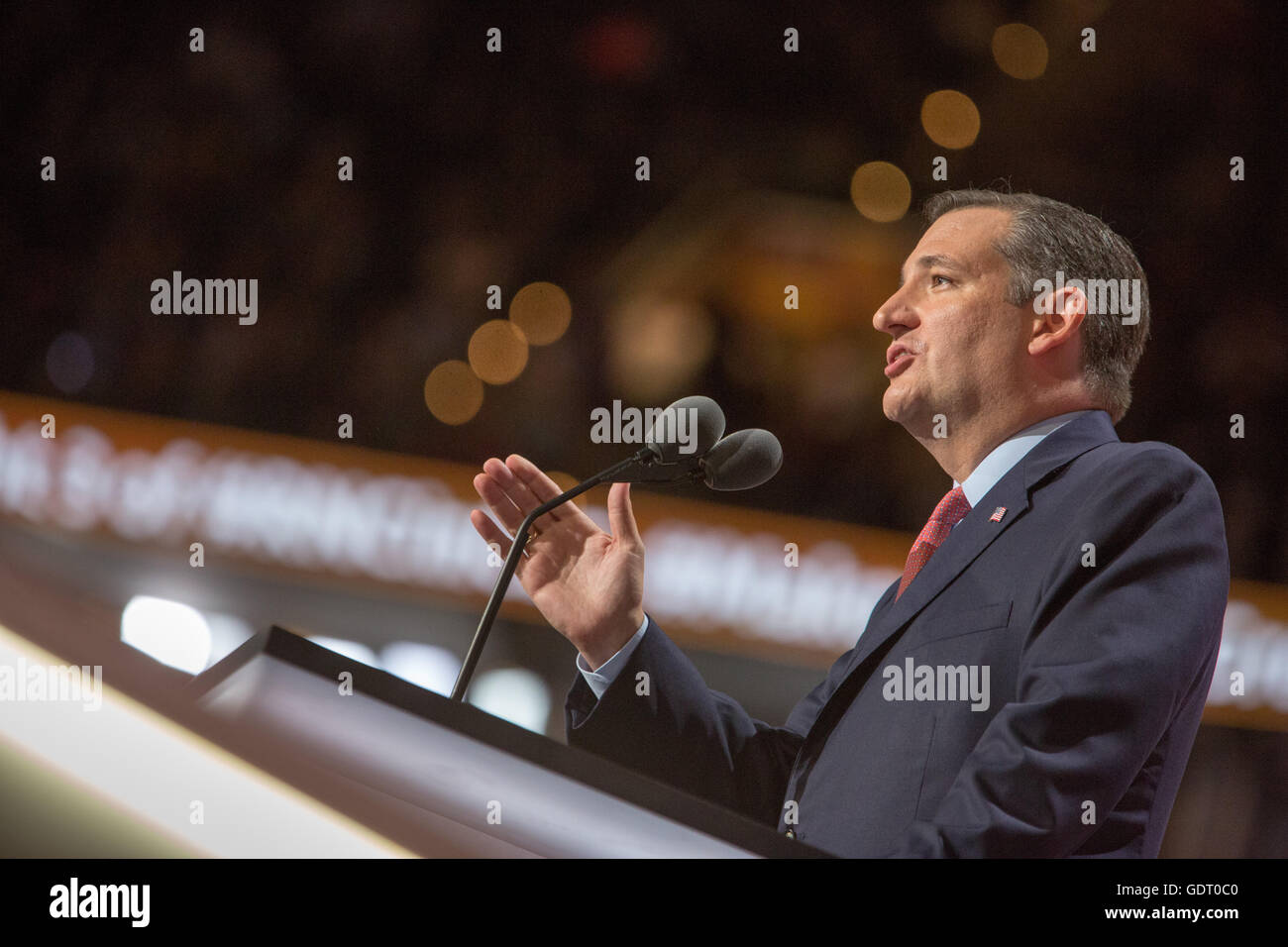 Cleveland, Ohio, USA; 20. Juli 2016: Texas Senator und unterlegenen Präsidentschaftskandidaten Ted Cruz spricht auf der Republican National Convention. Cruz wurde ausgebuht, für Donald Trump nicht befürwortet. (Philip Scalia/Alamy Live-Nachrichten) Stockfoto