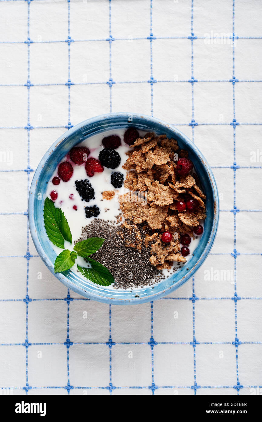 Frühstück mit Chia-Samen, Beeren und Getreide Stockfoto