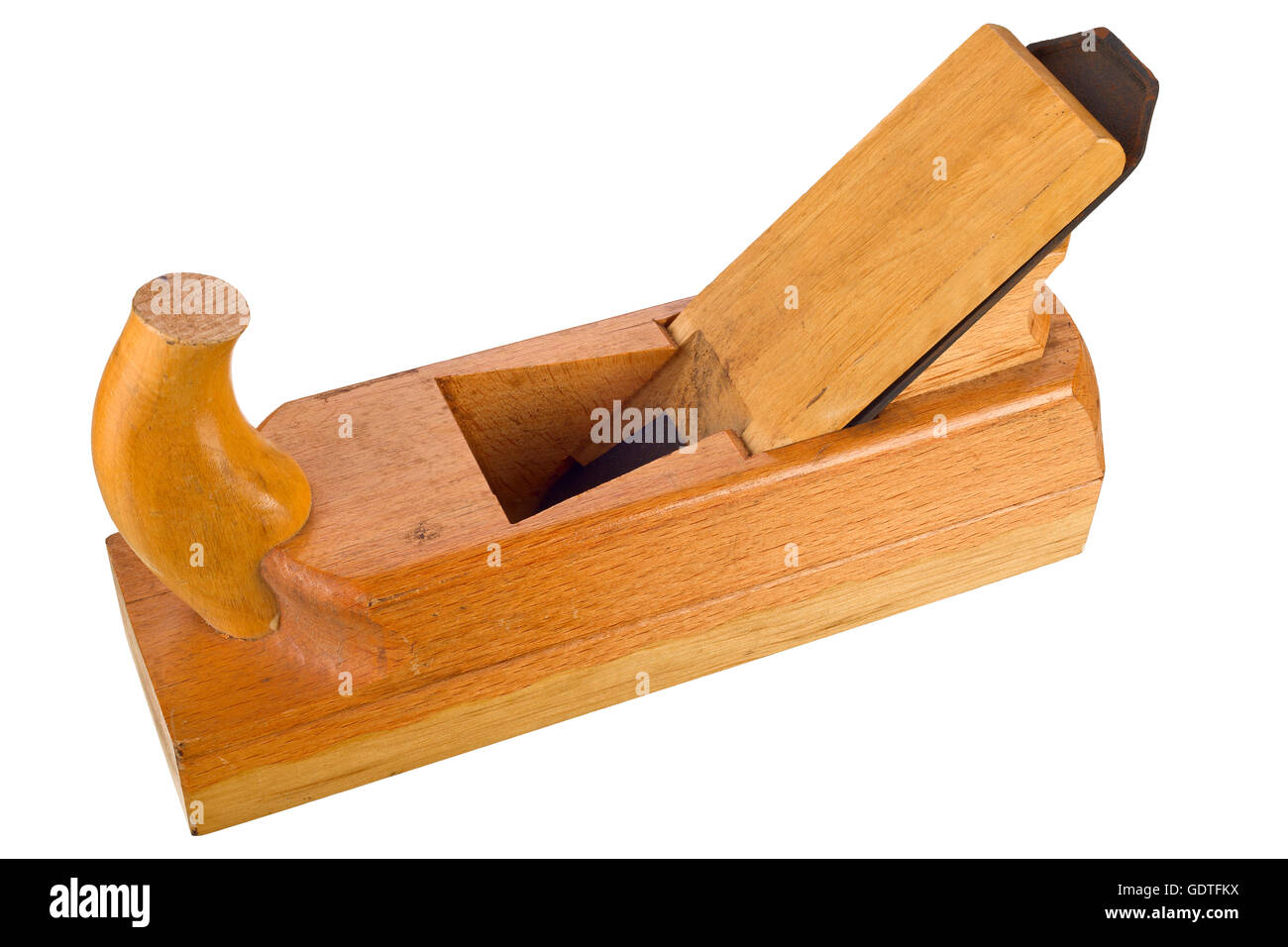 Altes Holz Flugzeug isoliert auf weißem Hintergrund, Fokus Fusion. Stockfoto