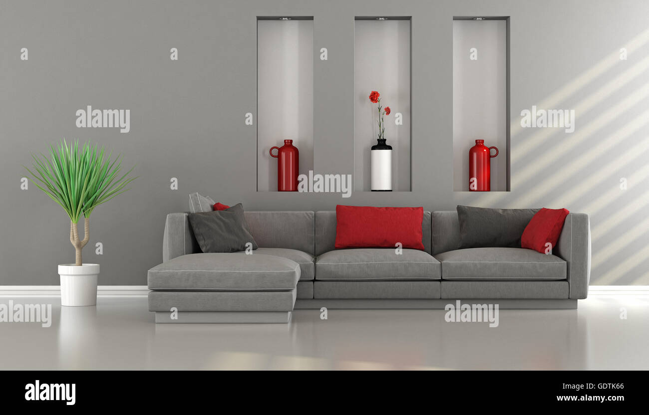 Minimalistischen Wohnzimmer mit modernem Sofa und drei Nischen - 3d rendering Stockfoto