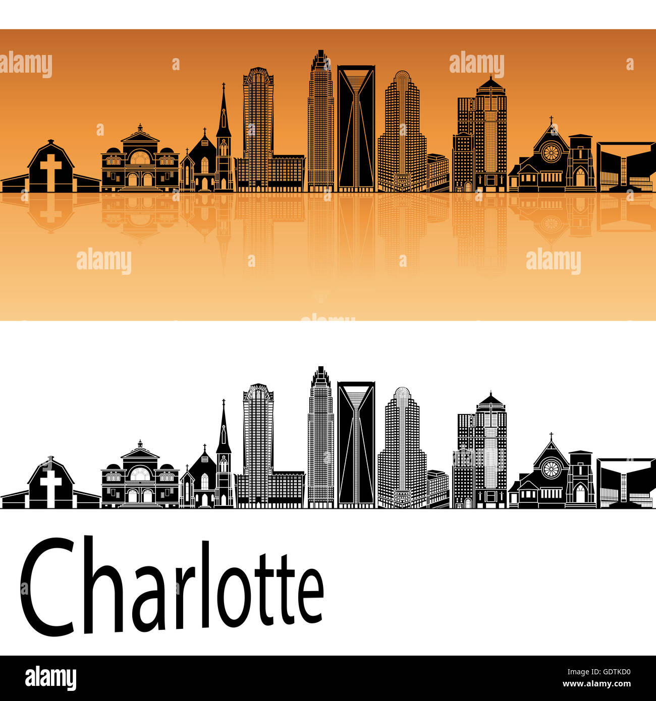Skyline von Charlotte in orangem Hintergrund in bearbeitbare Vektordatei Stockfoto
