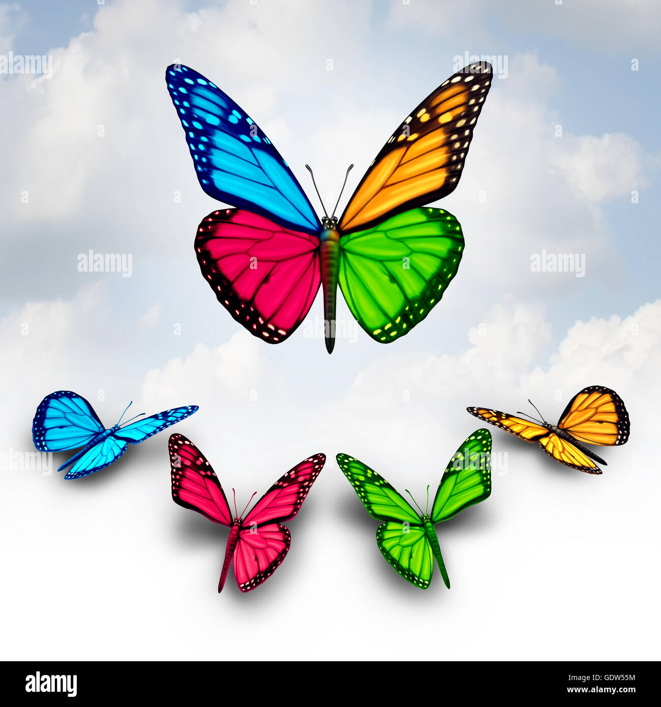 Zusammenarbeit-Business-Konzept der Erfolg als Team diverse Schmetterlinge Zusammenarbeit gemeinsam durch Spenden oder geben einen Teil der Flügel, ein stärkeres erfolgreiche Organisation Symbol als 3D Illustration zu bauen. Stockfoto