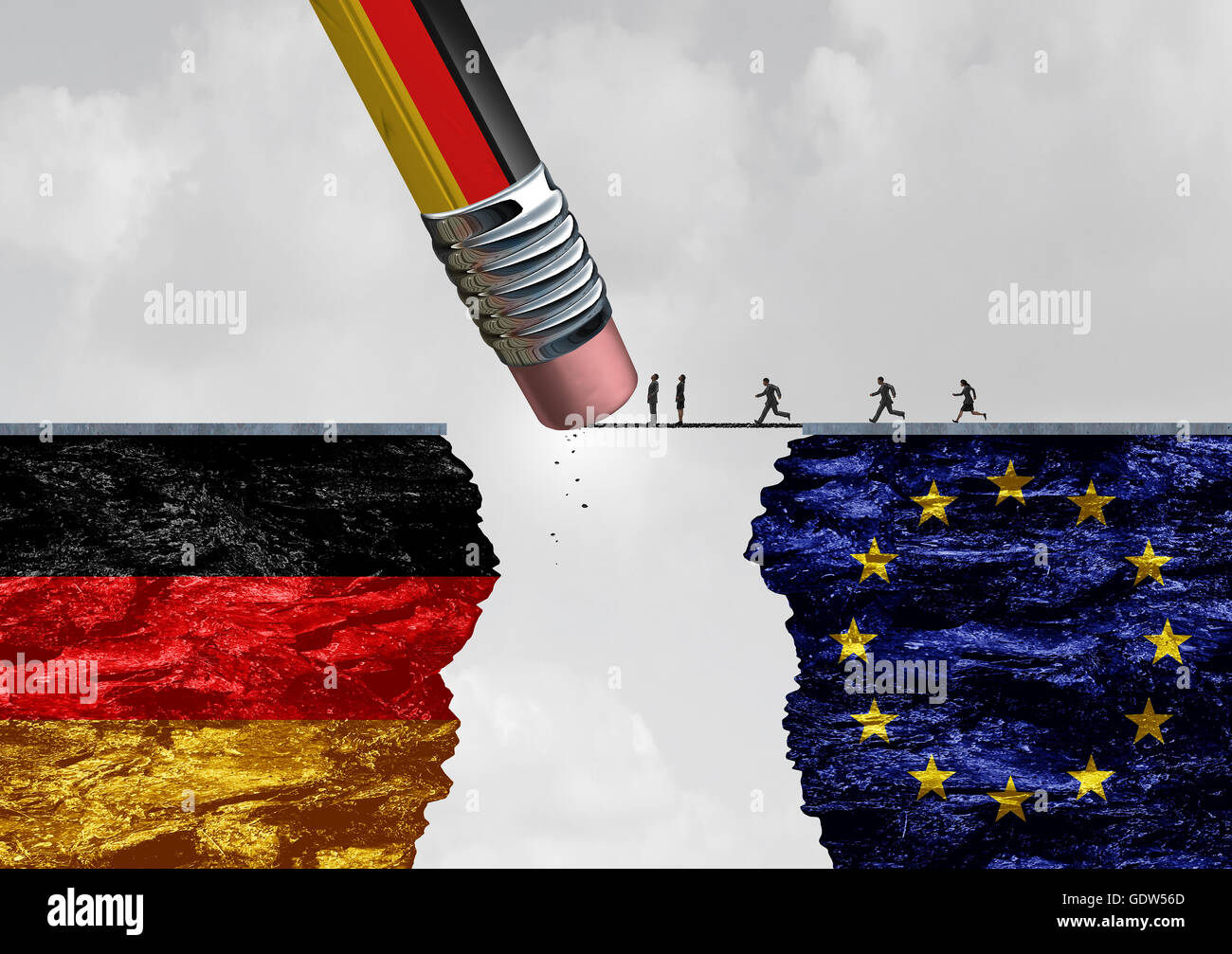 Grenzkontrolle Einwanderung Deutschland als eine europäische Flüchtlingskrise als Menschen in Europa ausgeführt, um eine Brücke zu überqueren, die durch eine deutsche Flagge Bleistift mit 3D Abbildung Elemente gelöscht werden wird. Stockfoto