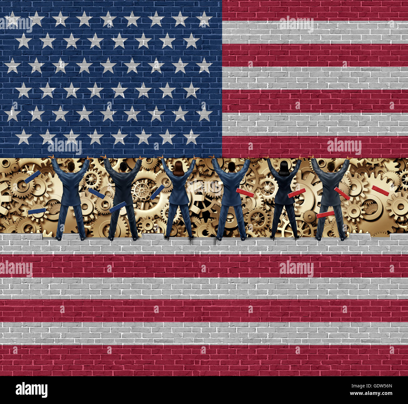 Innerhalb der amerikanischen Wirtschaft Wirtschaft und das Innenleben der Vereinigten Staaten Industrie Konzept als eine Gruppe von Unternehmer und Unternehmerinnen, die eine Mauer, die Freilegung der wirtschaftliche Maschine anheben vom symbolischen Getriebe und Zahnräder mit 3D Abbildung Elemente gebildet Stockfoto