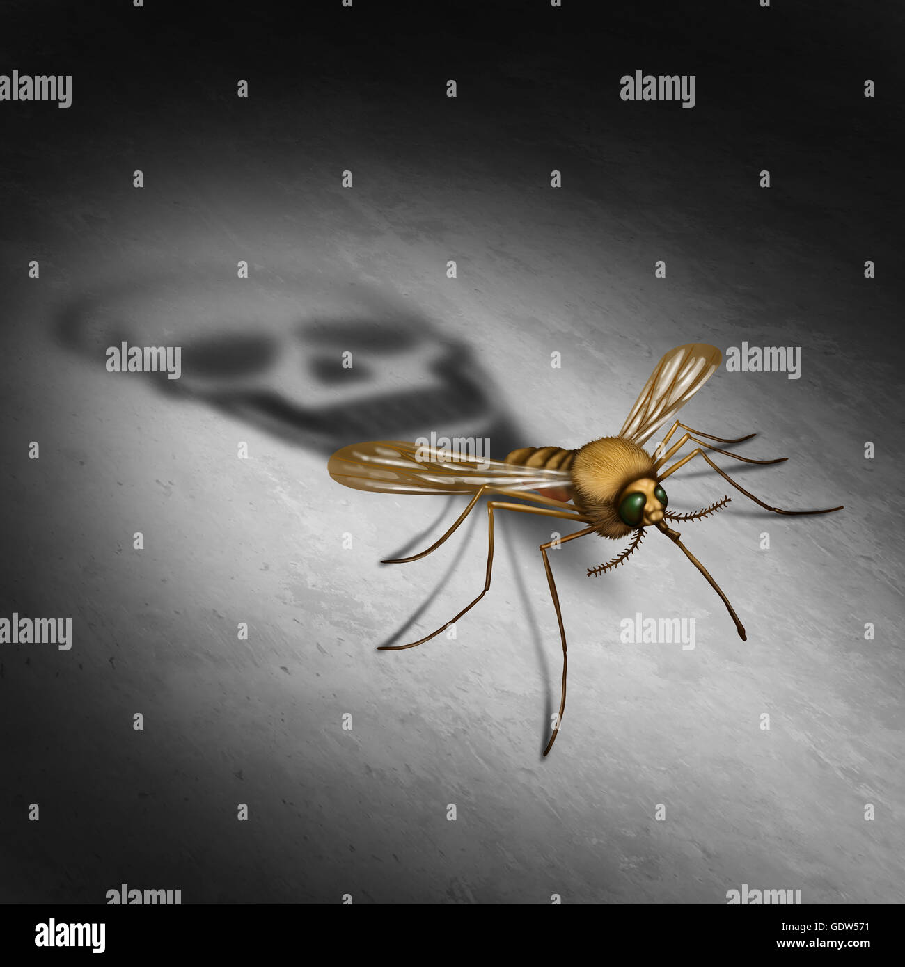 Mosquitto übertragende Krankheit Krankheitskonzept als ein infizierter Insekten Casting ein Schatten, geformt wie ein Tod Schädel für Zika-Virus Risiko darstellt die Gefahr der Übertragung von Infektionen durch Fehler beißt, was zu Infektionen und Fieber in einer 3D Darstellung Stockfoto